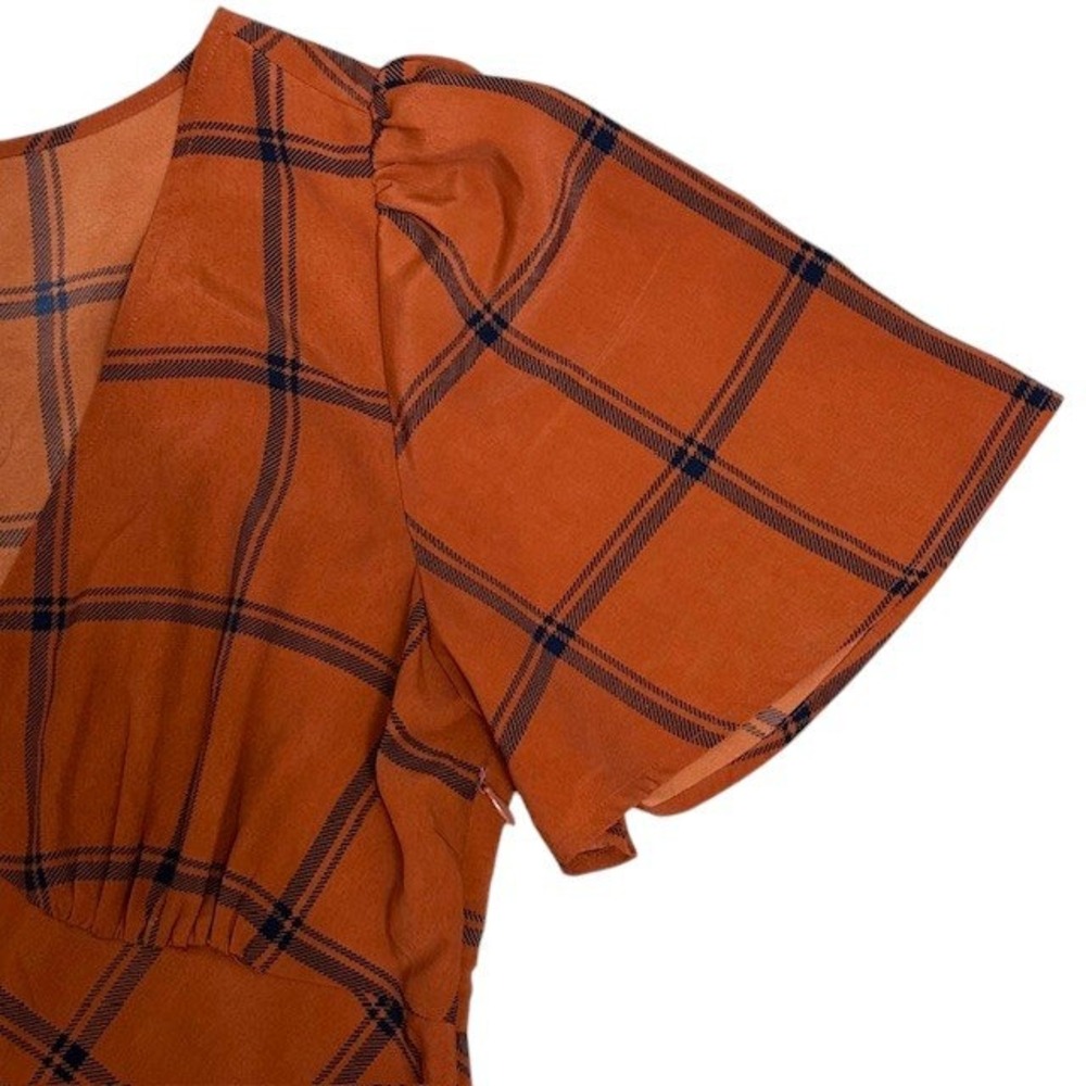 ModCloth Orange Plaid Flutter Sleeve V Neck Midi Dress Womens‎ M - Picture 11 of 16